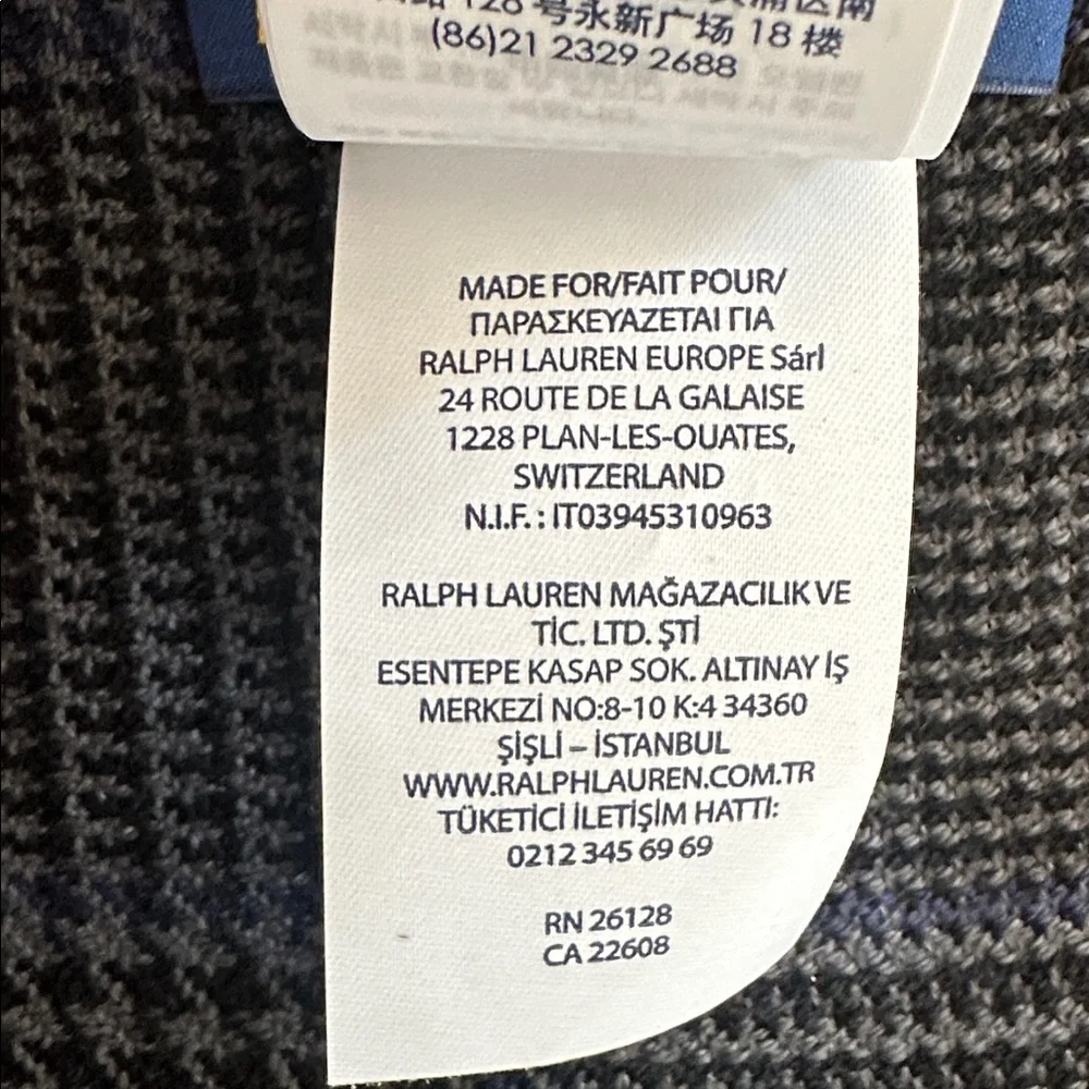 Polo Ralph Lauren Gray Blue Herringbone Plaid Fringed Wool Scarf